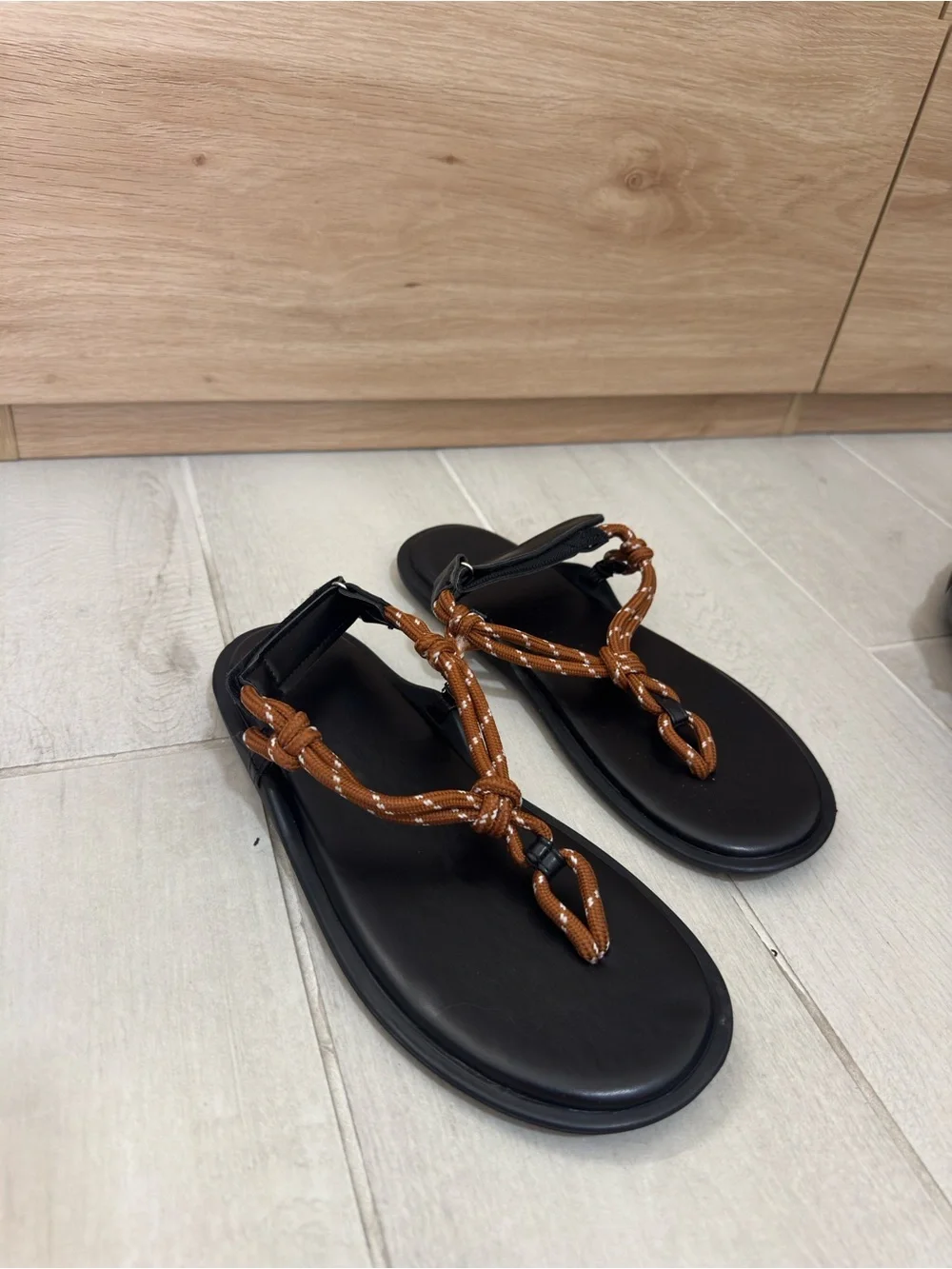Women’s Black Sandals with Brown Rope Straps